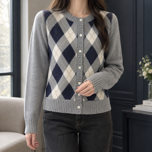 Heritage Argyle Cardigan — Round Neck & Cream Buttons 1