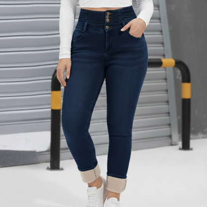 Fleece-Lined High Waist Skinny Jeans — Triple Button Closure 4