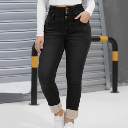 Fleece-Lined High Waist Skinny Jeans — Triple Button Closure 5
