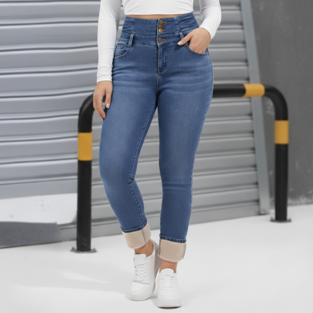 Fleece-Lined High Waist Skinny Jeans — Triple Button Closure 1