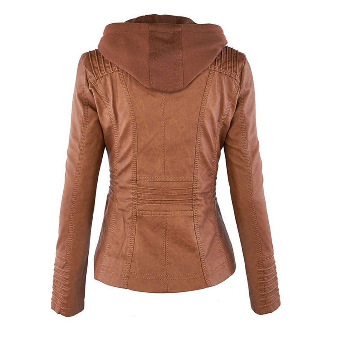 Vegan Leather Biker Jacket — Removable Hood & Zip Detail 2
