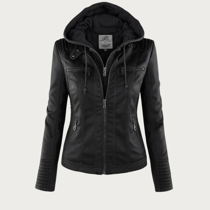 Vegan Leather Biker Jacket — Removable Hood & Zip Detail 3