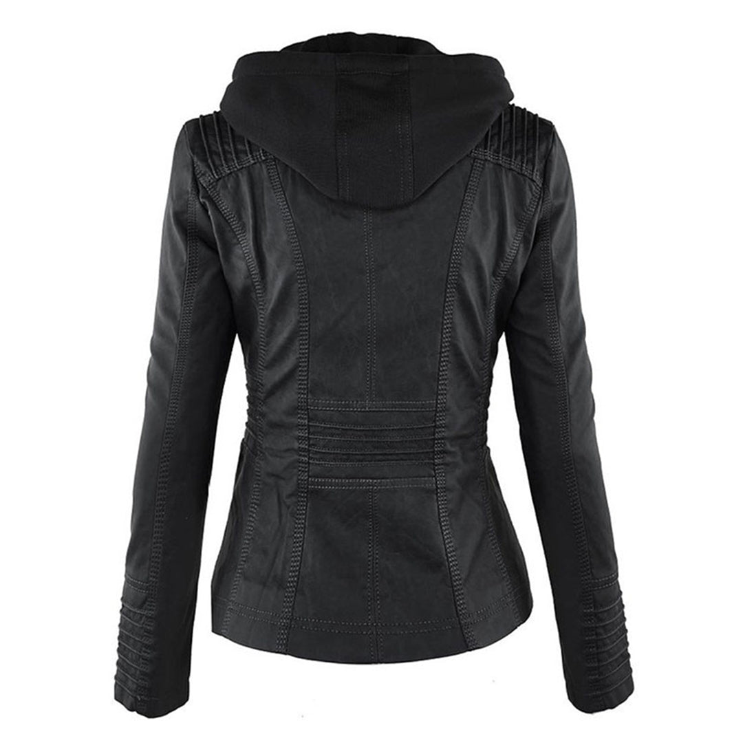 Vegan Leather Biker Jacket — Removable Hood & Zip Detail 4