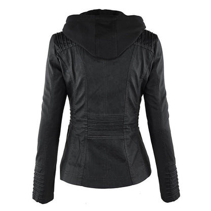 Vegan Leather Biker Jacket — Removable Hood & Zip Detail 4