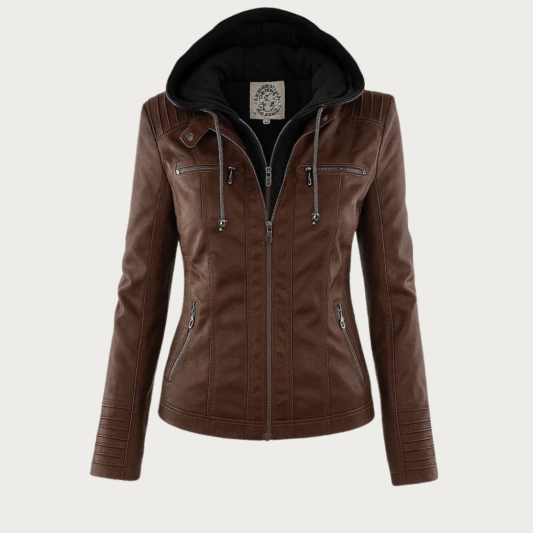 Vegan Leather Biker Jacket — Removable Hood & Zip Detail 5