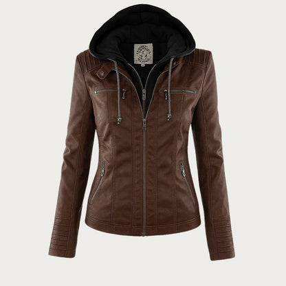 Vegan Leather Biker Jacket — Removable Hood & Zip Detail 5