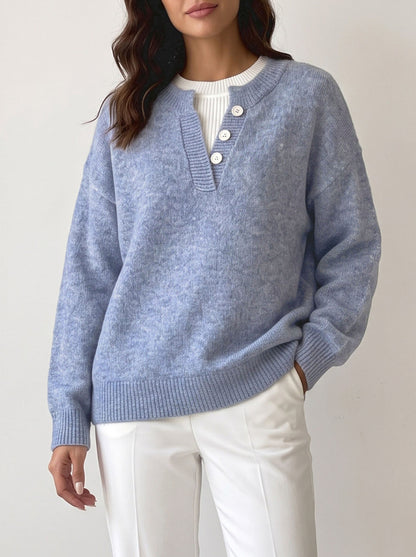 Faux Two-Piece Knit Sweater — Drop Shoulder Round Neck Pullover 1