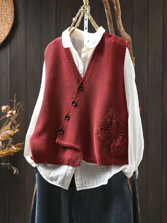 Women's Knit Vest — Lace Pocket & Asymmetrical Button Front 1