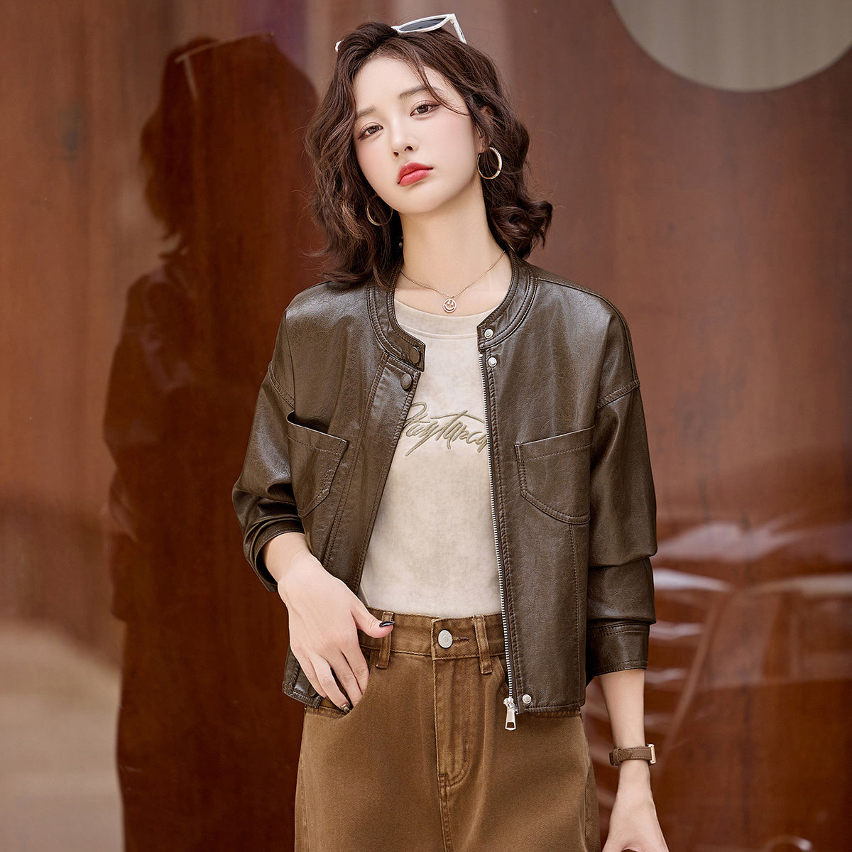 Stand Collar Faux Leather Jacket — Zip-Up Short PU Coat 3