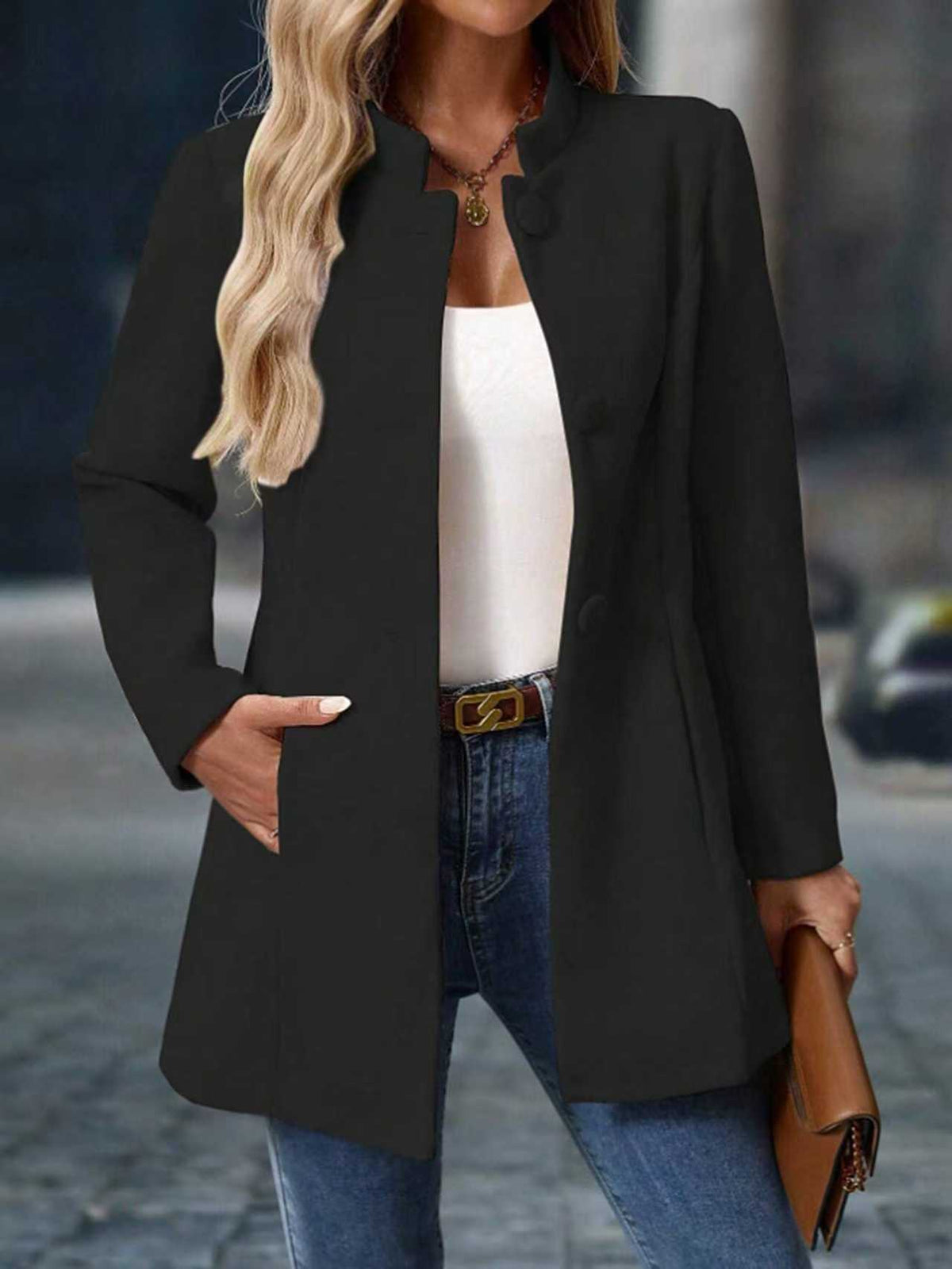 Women's Long Wool-Blend Coat — High Neck with Pockets 7