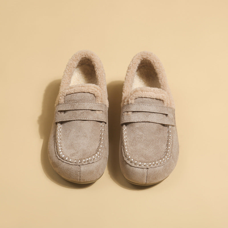 Fleece-Lined Faux Suede Loafer Mule in Dark Khaki
