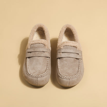 Fleece-Lined Faux Suede Loafer Mule in Dark Khaki