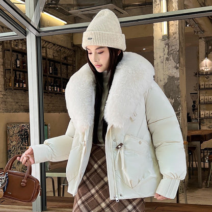 Chenille Short Puffer Jacket — Detachable Faux Fur Collar Women 8