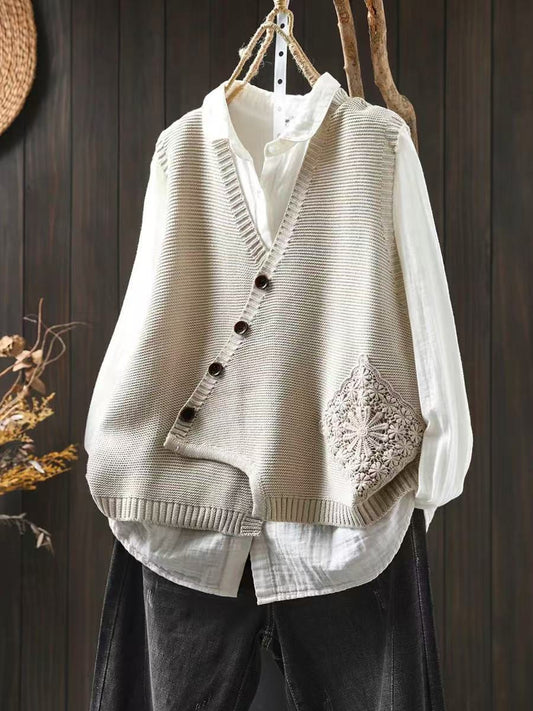 Women's Knit Vest — Lace Pocket & Asymmetrical Button Front 2