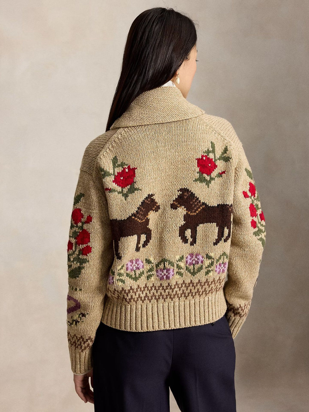 Vintage Floral Jacquard Zip-Up Knit Cardigan — Lapel Collar 4