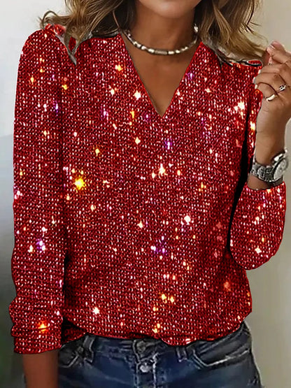 V-Neck Sequin Long Sleeve Top — Unisex Street Style 8