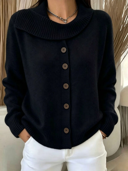 Button-Front Knit Cardigan — Irregular Lapel Collar Sweater 4