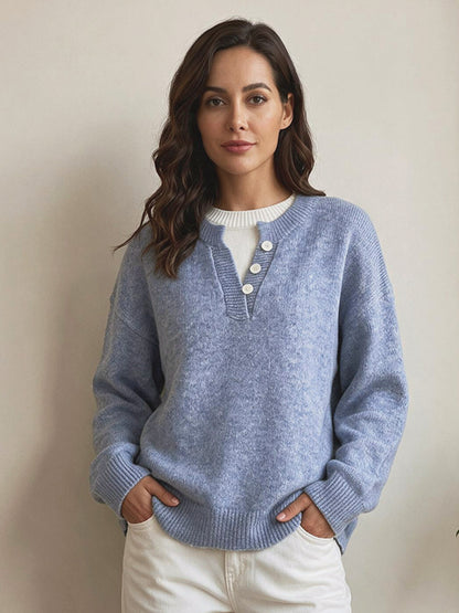 Faux Two-Piece Knit Sweater — Drop Shoulder Round Neck Pullover 3