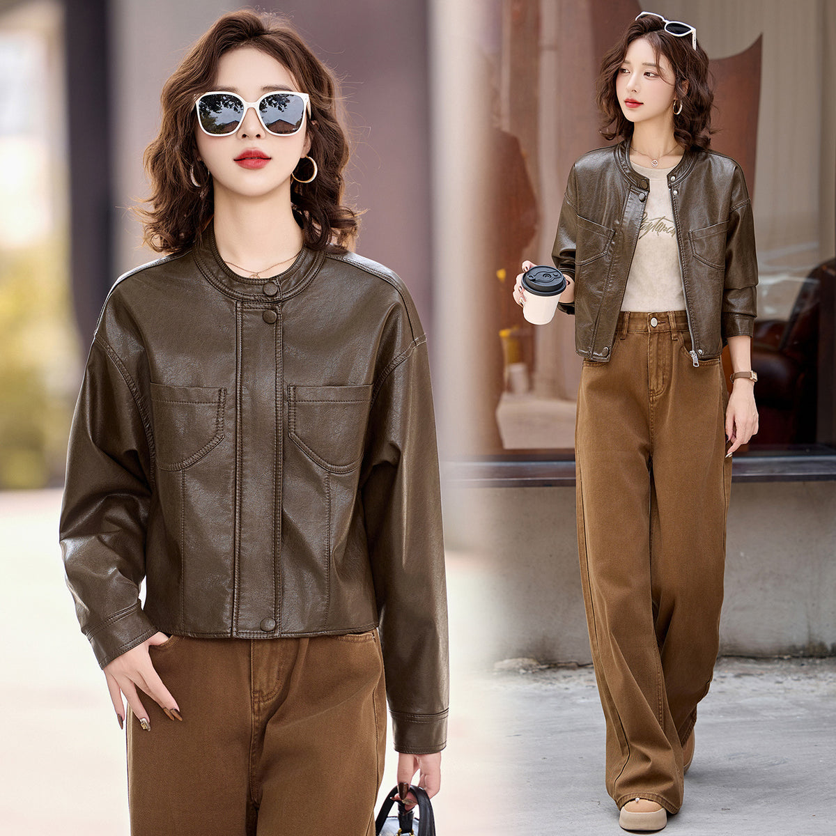 Stand Collar Faux Leather Jacket — Zip-Up Short PU Coat 7