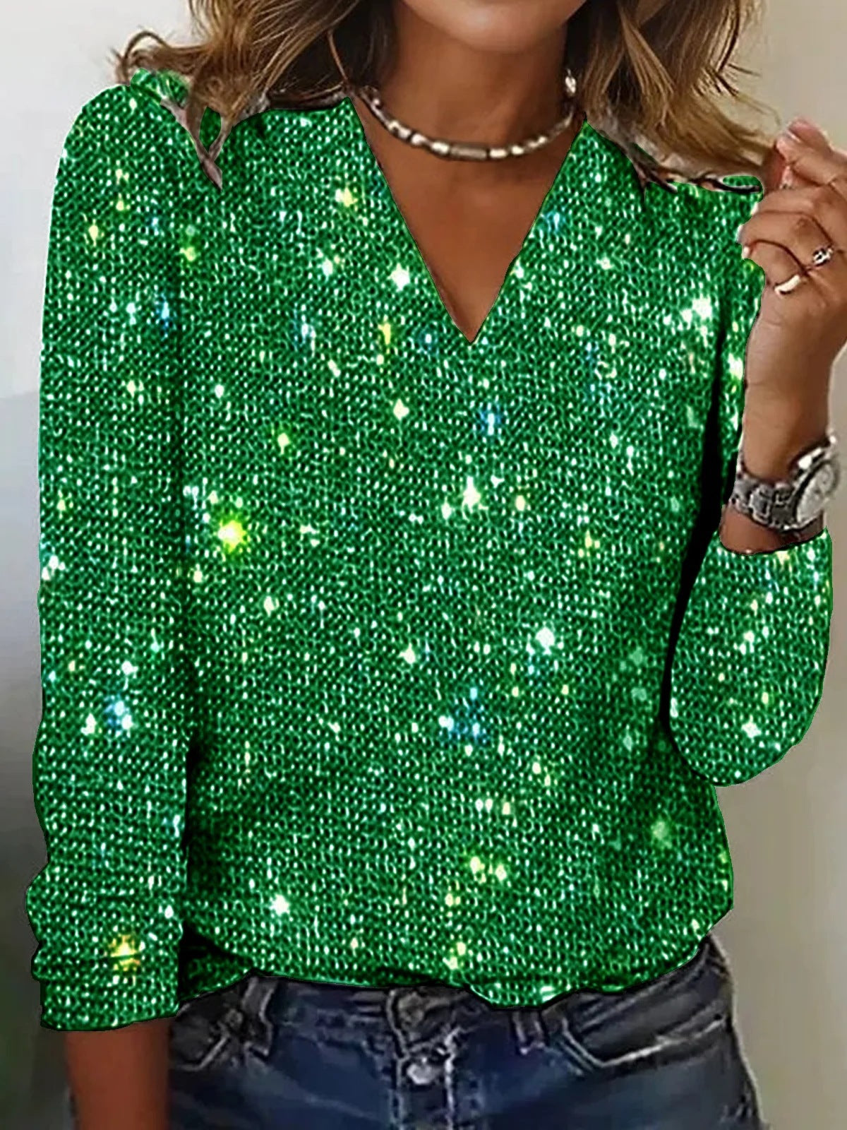 V-Neck Sequin Long Sleeve Top — Unisex Street Style 10