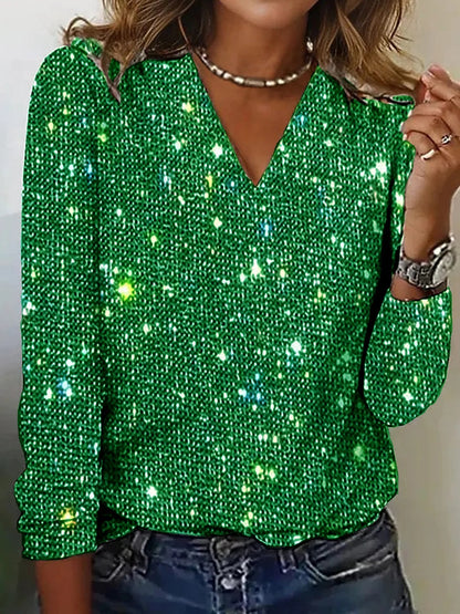 V-Neck Sequin Long Sleeve Top — Unisex Street Style 10