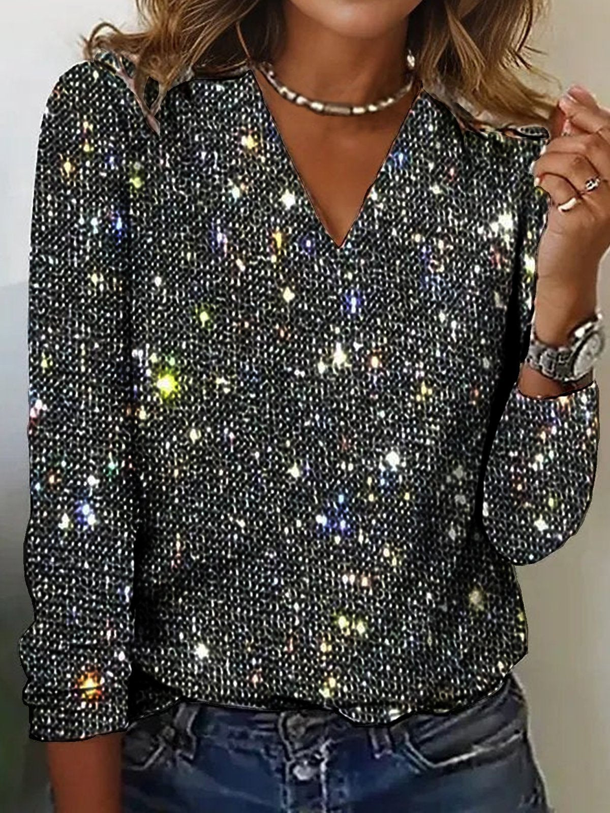 V-Neck Sequin Long Sleeve Top — Unisex Street Style 7