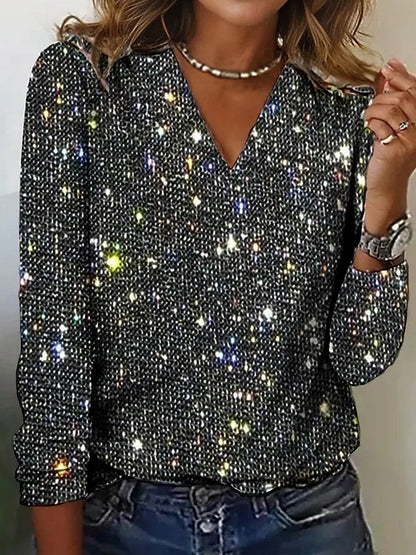 V-Neck Sequin Long Sleeve Top — Unisex Street Style 7