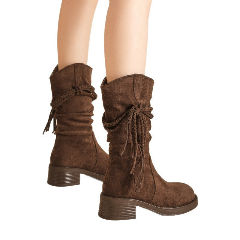 Suede Fringe Tall Boots — Women's Block Heel Slip-On 5
