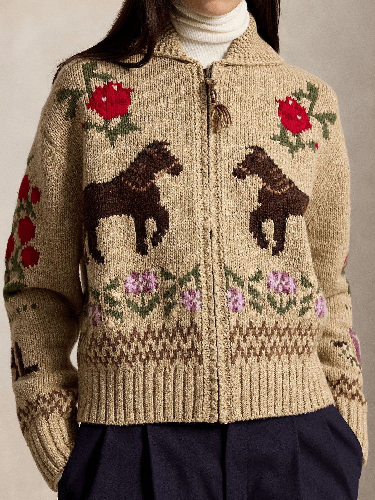 Vintage Floral Jacquard Zip-Up Knit Cardigan — Lapel Collar 2
