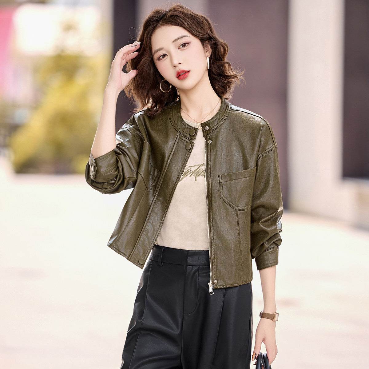 Stand Collar Faux Leather Jacket — Zip-Up Short PU Coat 1