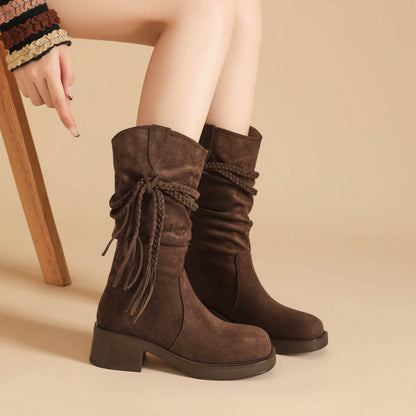 Suede Fringe Tall Boots — Women's Block Heel Slip-On 1