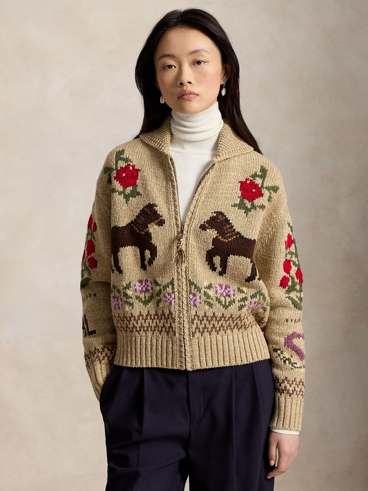 Vintage Floral Jacquard Zip-Up Knit Cardigan — Lapel Collar 1