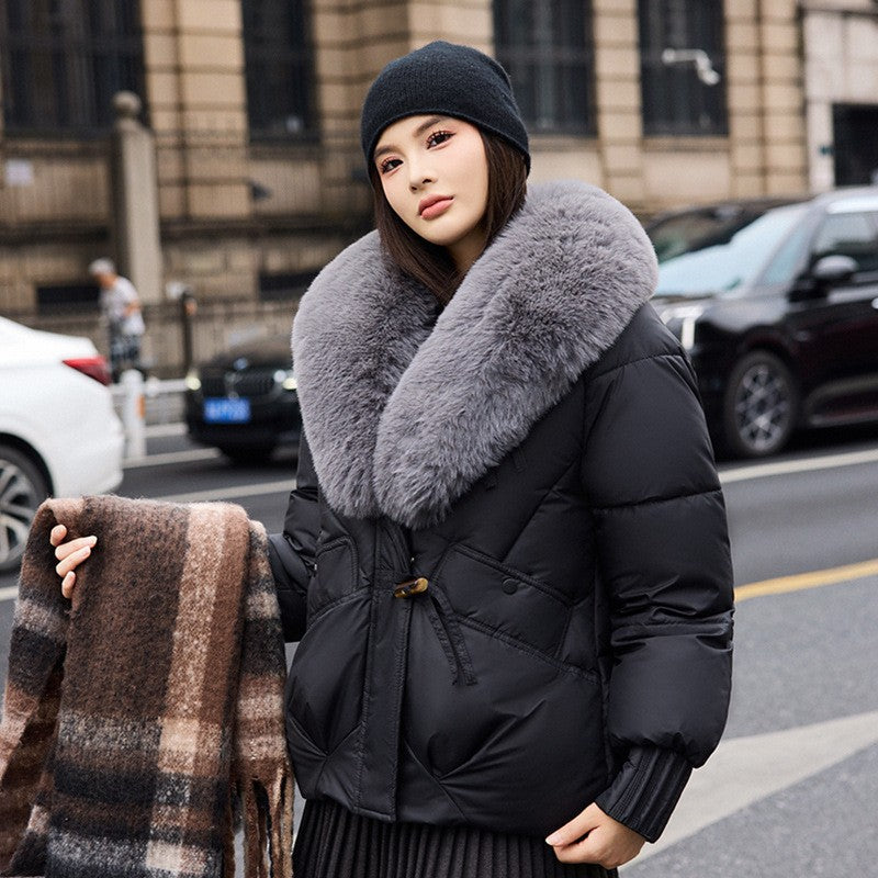 Chenille Short Puffer Jacket — Detachable Faux Fur Collar Women 2
