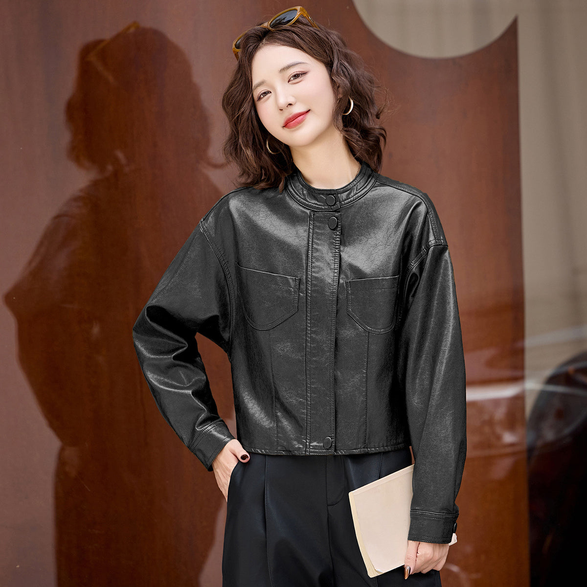 Stand Collar Faux Leather Jacket — Zip-Up Short PU Coat 2