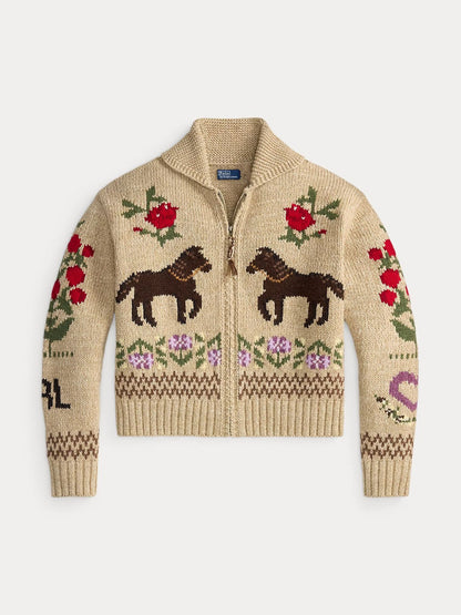 Vintage Floral Jacquard Zip-Up Knit Cardigan — Lapel Collar 5