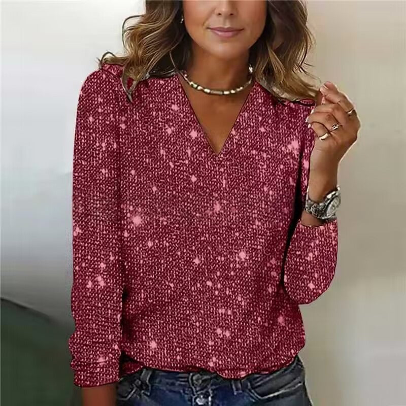 V-Neck Sequin Long Sleeve Top — Unisex Street Style 2
