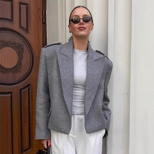 Boucle Tweed Blazer with Padded Shoulders in Grey