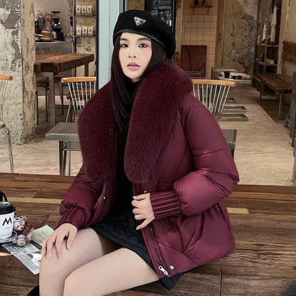Chenille Short Puffer Jacket — Detachable Faux Fur Collar Women 7