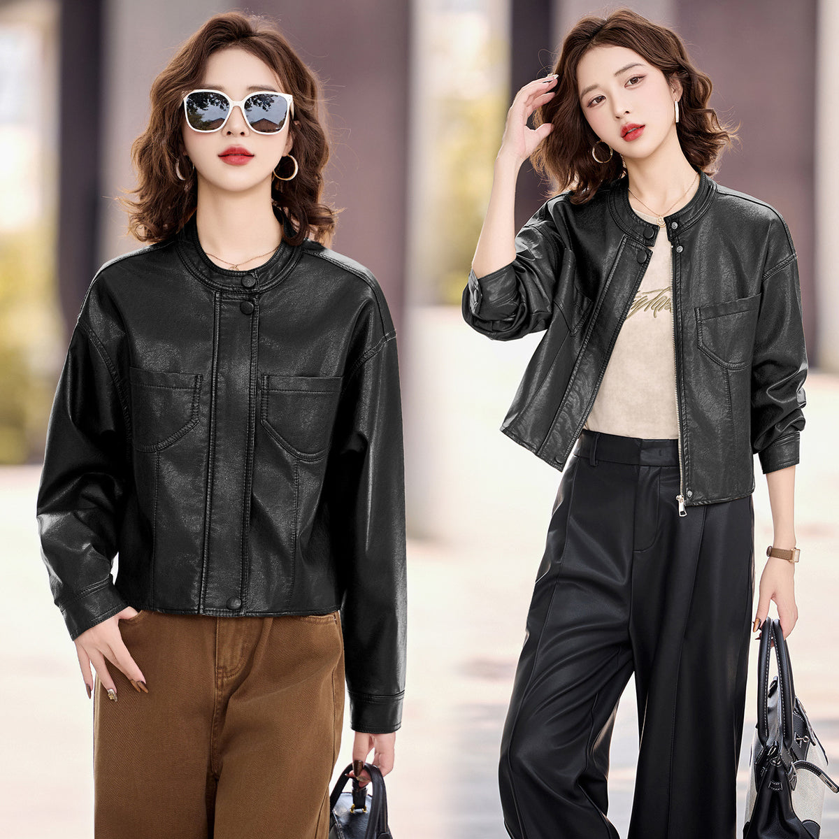 Stand Collar Faux Leather Jacket — Zip-Up Short PU Coat 6