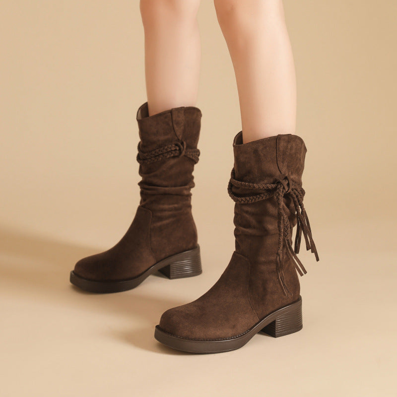 Suede Fringe Tall Boots — Women's Block Heel Slip-On 4