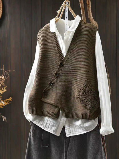 Women's Knit Vest — Lace Pocket & Asymmetrical Button Front 4