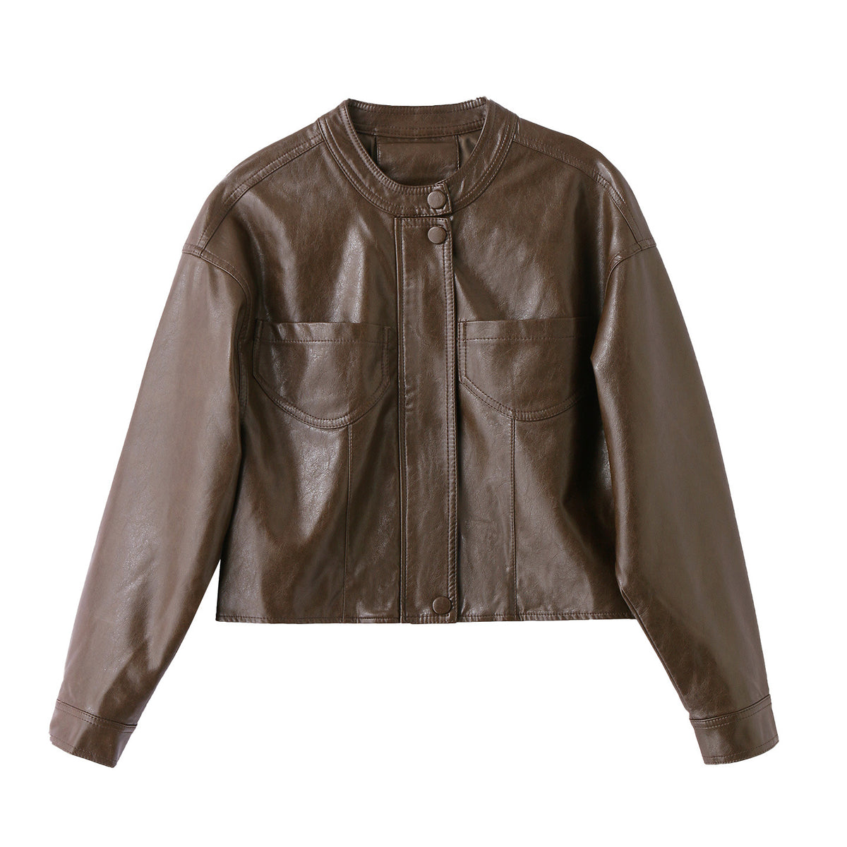 Stand Collar Faux Leather Jacket — Zip-Up Short PU Coat 5