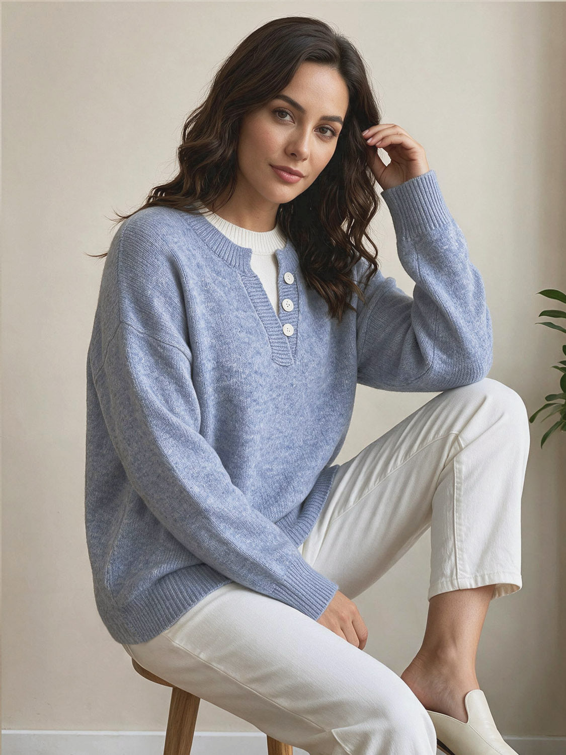 Faux Two-Piece Knit Sweater — Drop Shoulder Round Neck Pullover 2