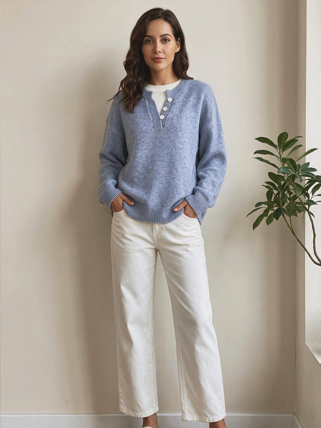 Faux Two-Piece Knit Sweater — Drop Shoulder Round Neck Pullover 4