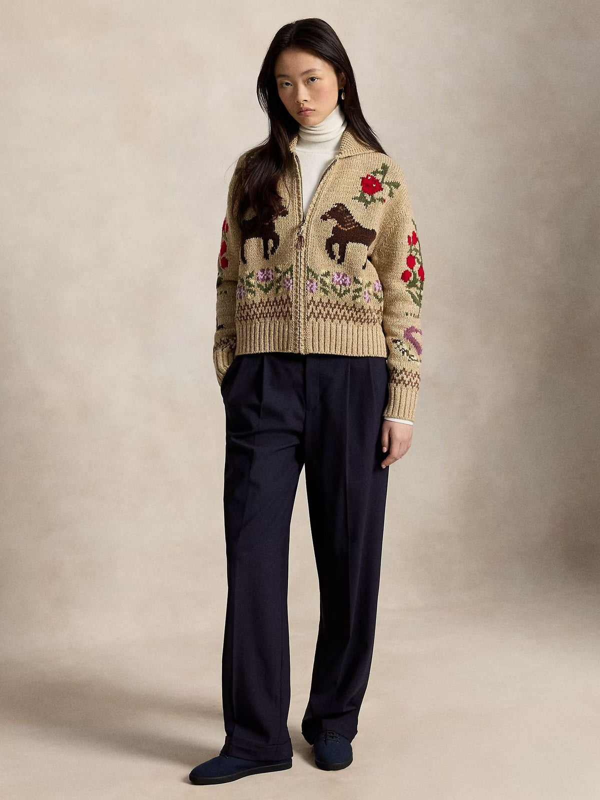 Vintage Floral Jacquard Zip-Up Knit Cardigan — Lapel Collar 3