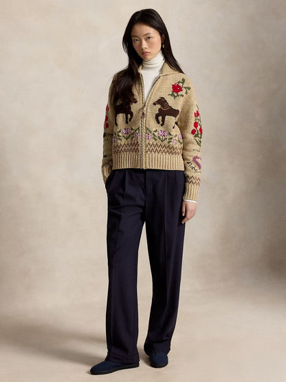 Vintage Floral Jacquard Zip-Up Knit Cardigan — Lapel Collar 3