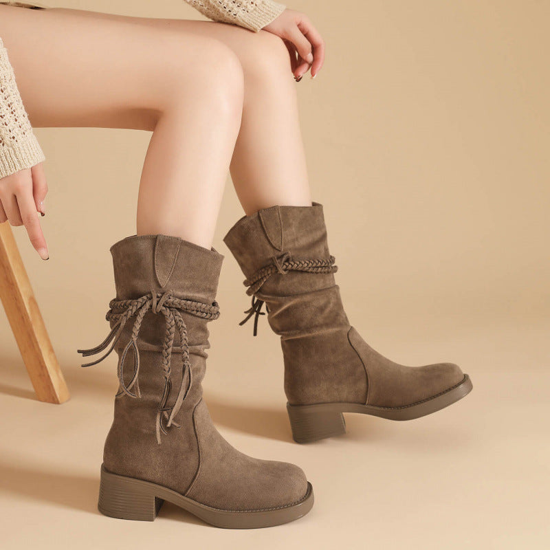 Suede Fringe Tall Boots — Women's Block Heel Slip-On 2