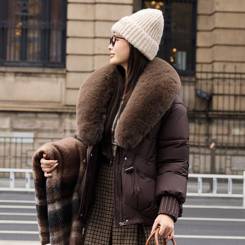 Chenille Short Puffer Jacket — Detachable Faux Fur Collar Women 12