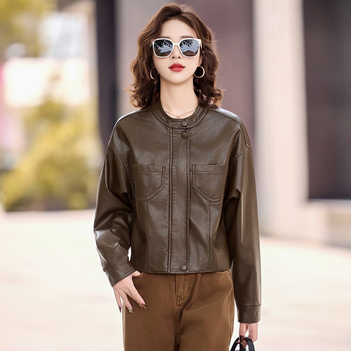 Stand Collar Faux Leather Jacket — Zip-Up Short PU Coat 4
