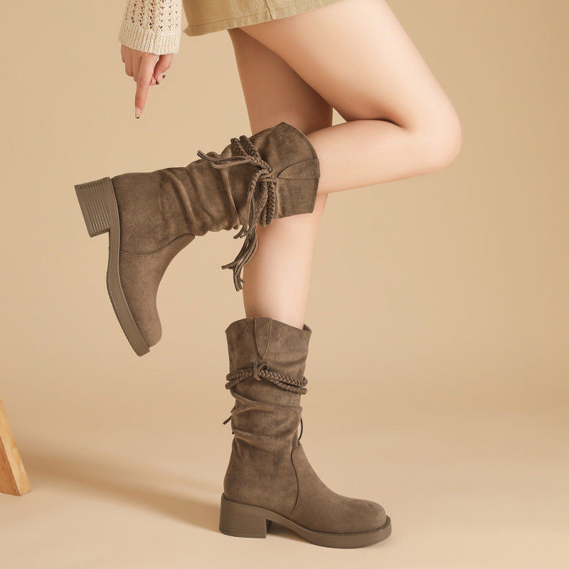 Suede Fringe Tall Boots — Women's Block Heel Slip-On 3